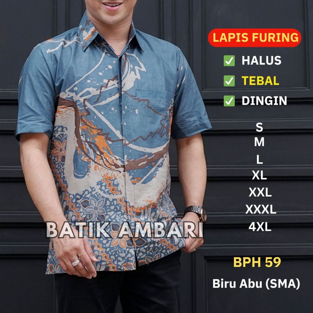 Batik Pria Lapis FURING STANDAR JUMBO Kemeja Batik Lengan Pendek XXXL 4XL BIRU DENIM BPH 59