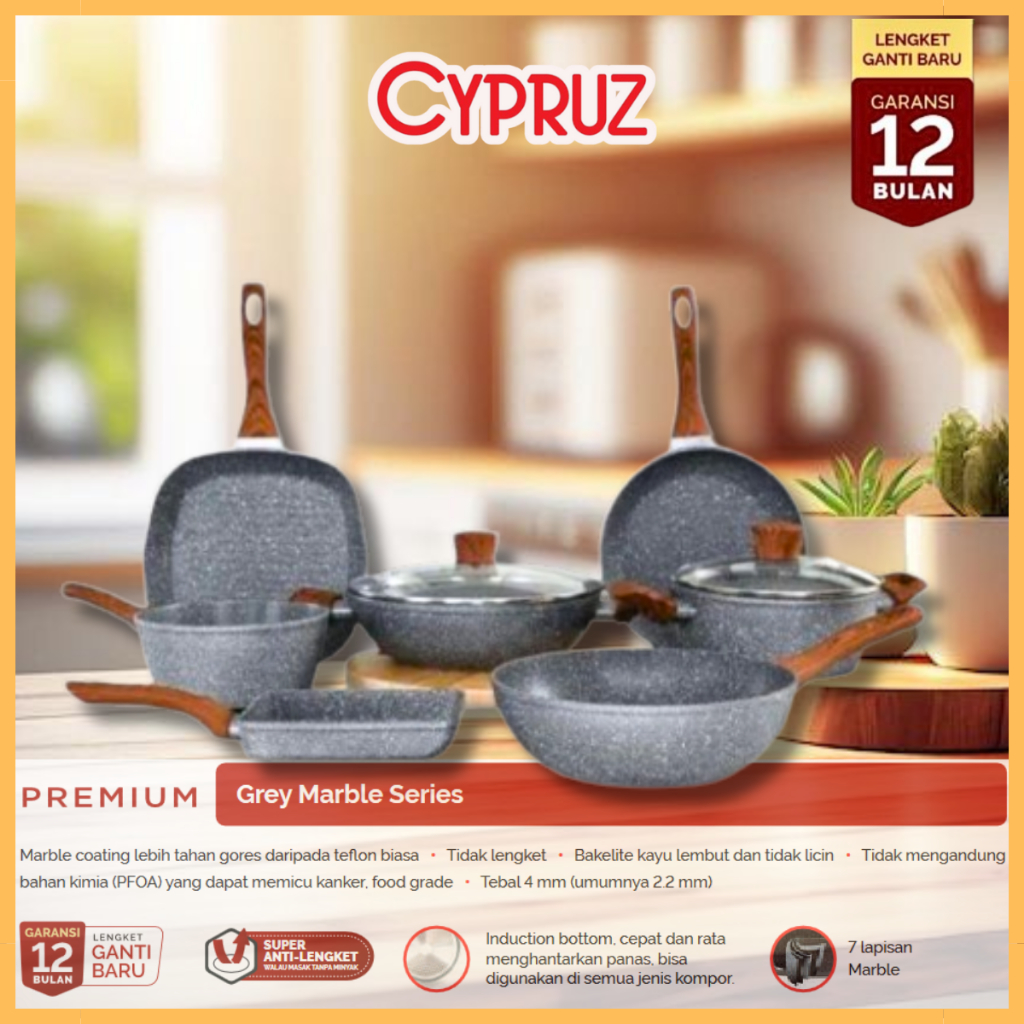 Cypruz Cookware Marble Set 7 Pcs Panci Wajan Anti Lengket Original