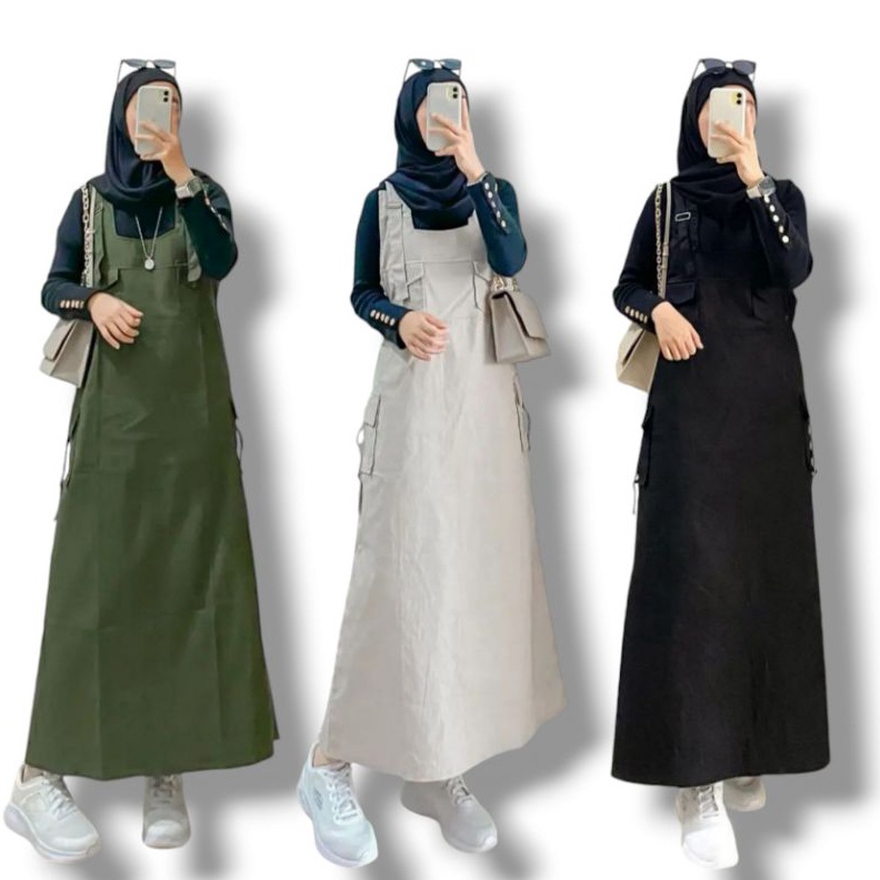 KODE X17Q Overall Dress Rok Wanita Cargo Katun Twill HQ Baju Kodok Muslimah Kekinian Motif Polos Ter