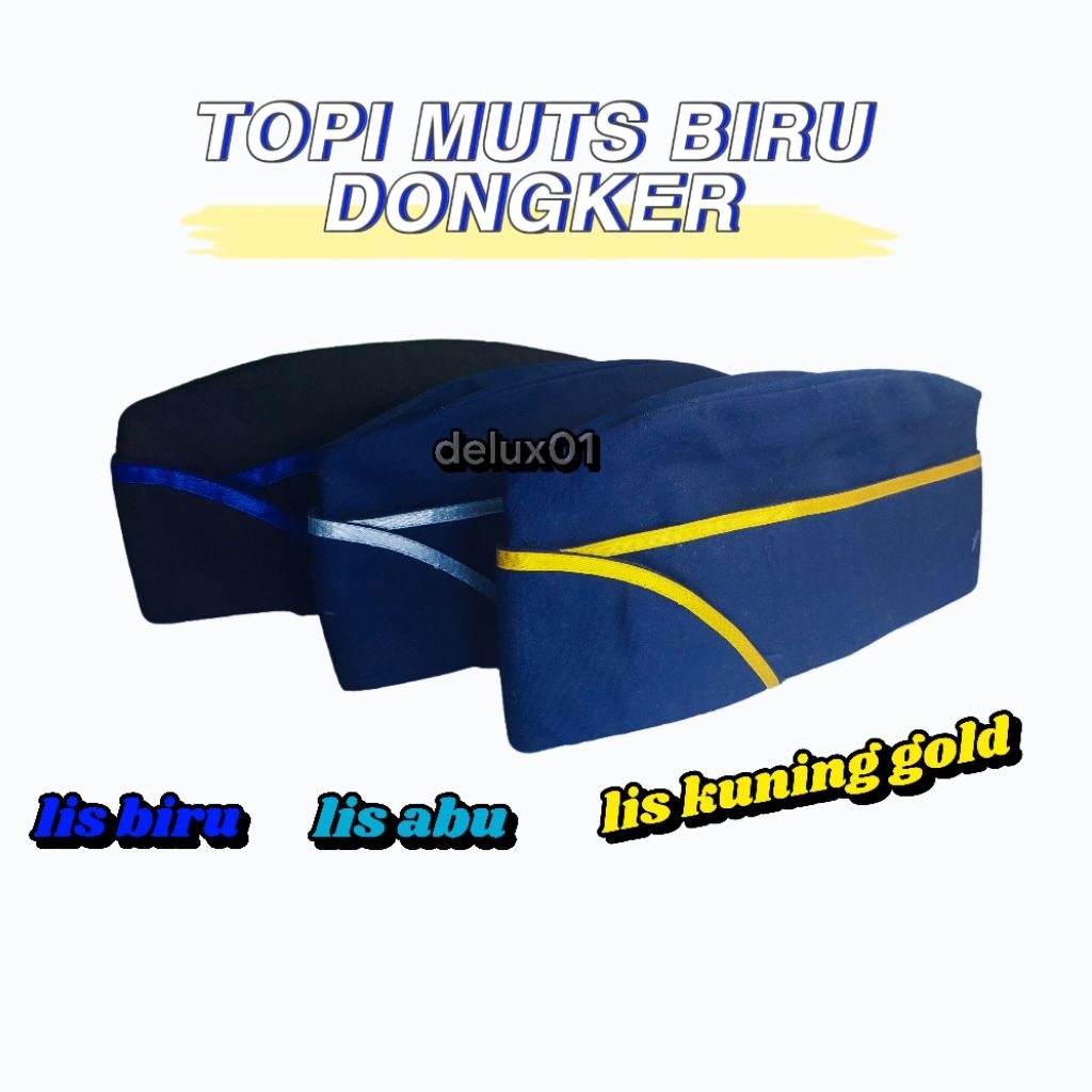 Topi bivatmut topi peci topi mutz warna biru dongker pita kuning pita putih pita biru pita abu