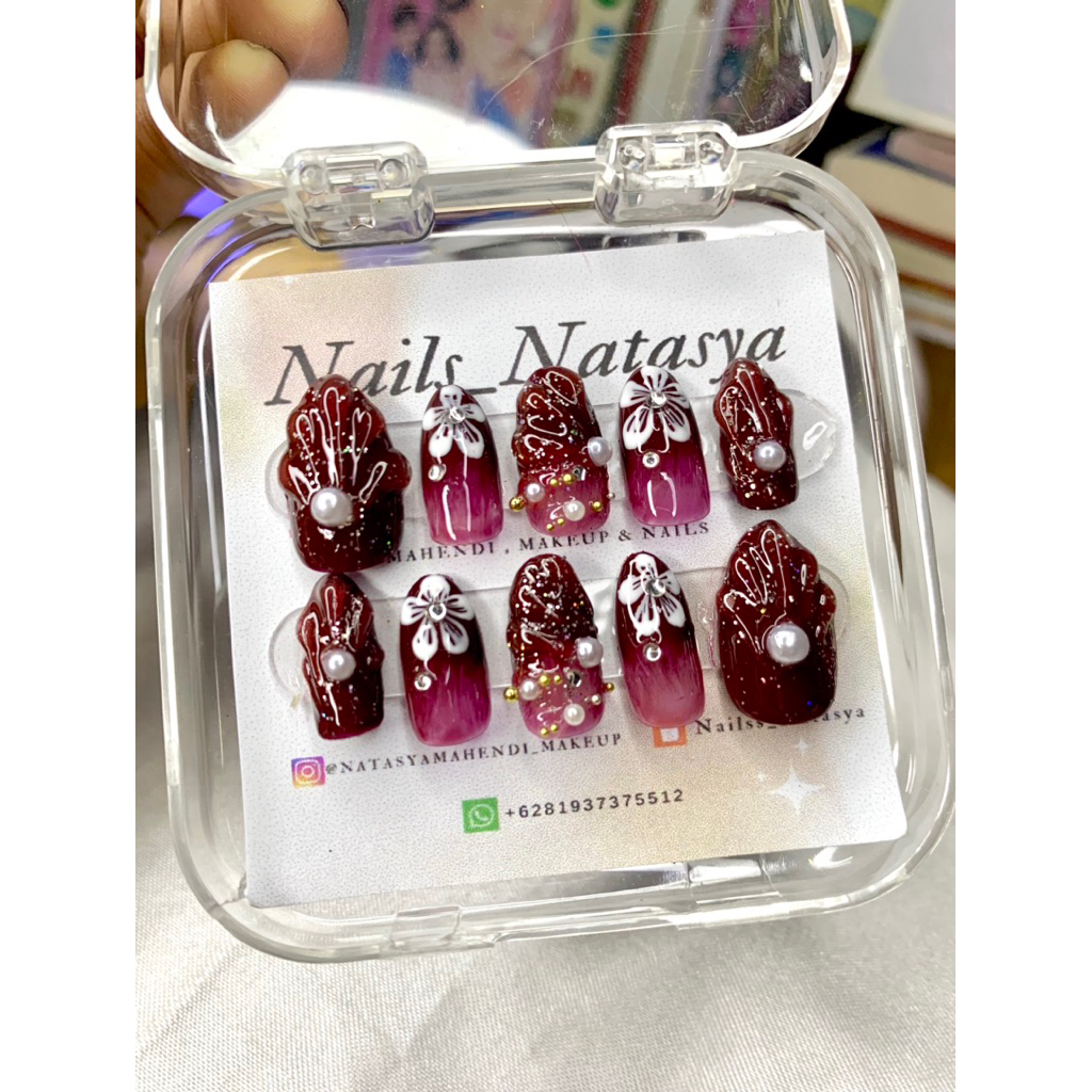 fake nails ,fake nails handmade, press on nails, maroon,3D, 10 pcs ,full motif ,free lem