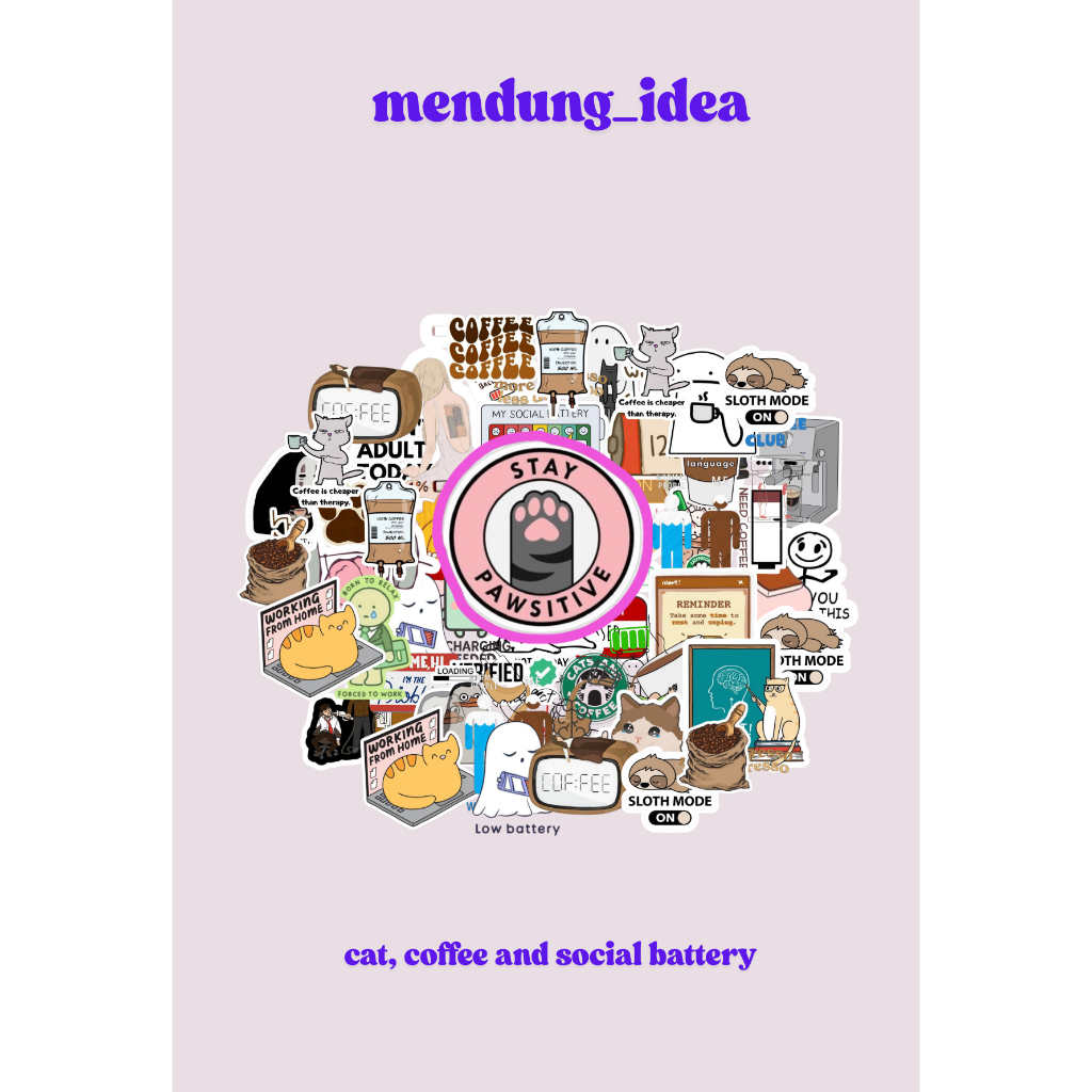 

50PCS Stiker Pack coffee introvert social battery Karakter Lucu Langka Anti Air Waterproof for Laptop Mobile Phone Book