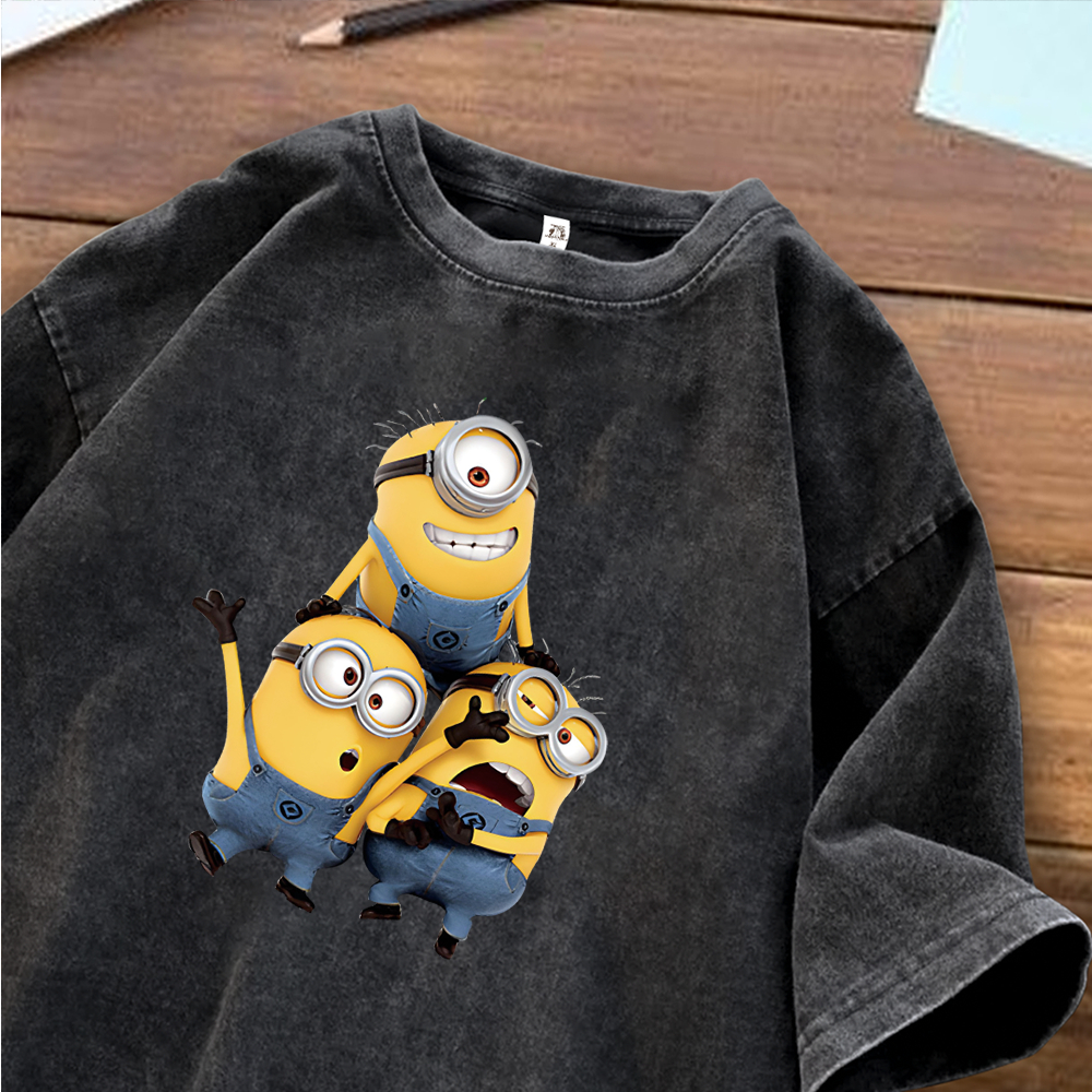 Korean Trend Tshirt Kaos Lengan Pendek | Motif Minions | Kaos Oversize Warna Hitam Washed | 100% Cot