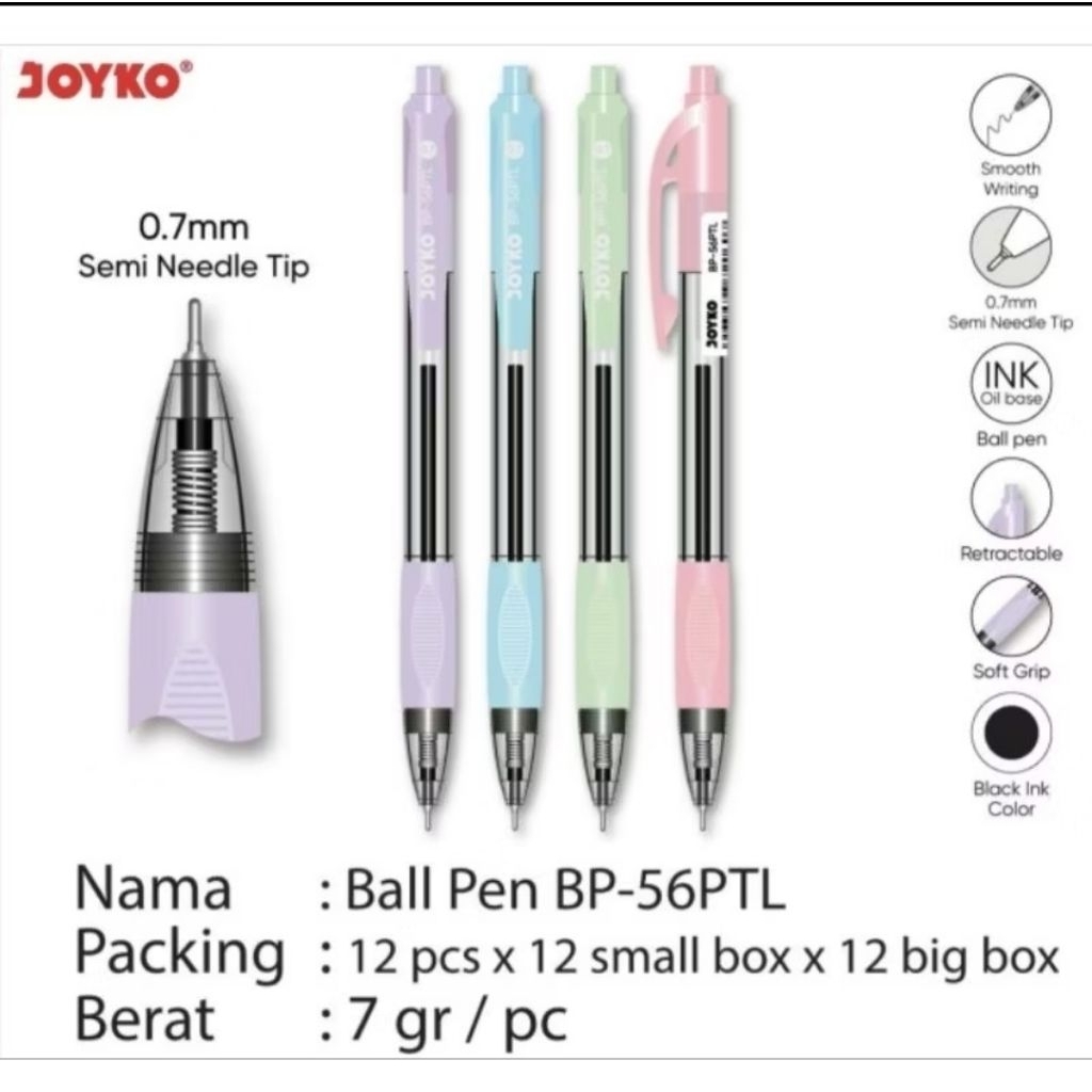 

(12pcs) pulpen joyko BP-56 PTL 0,7mm/pulpen pastel joyko
