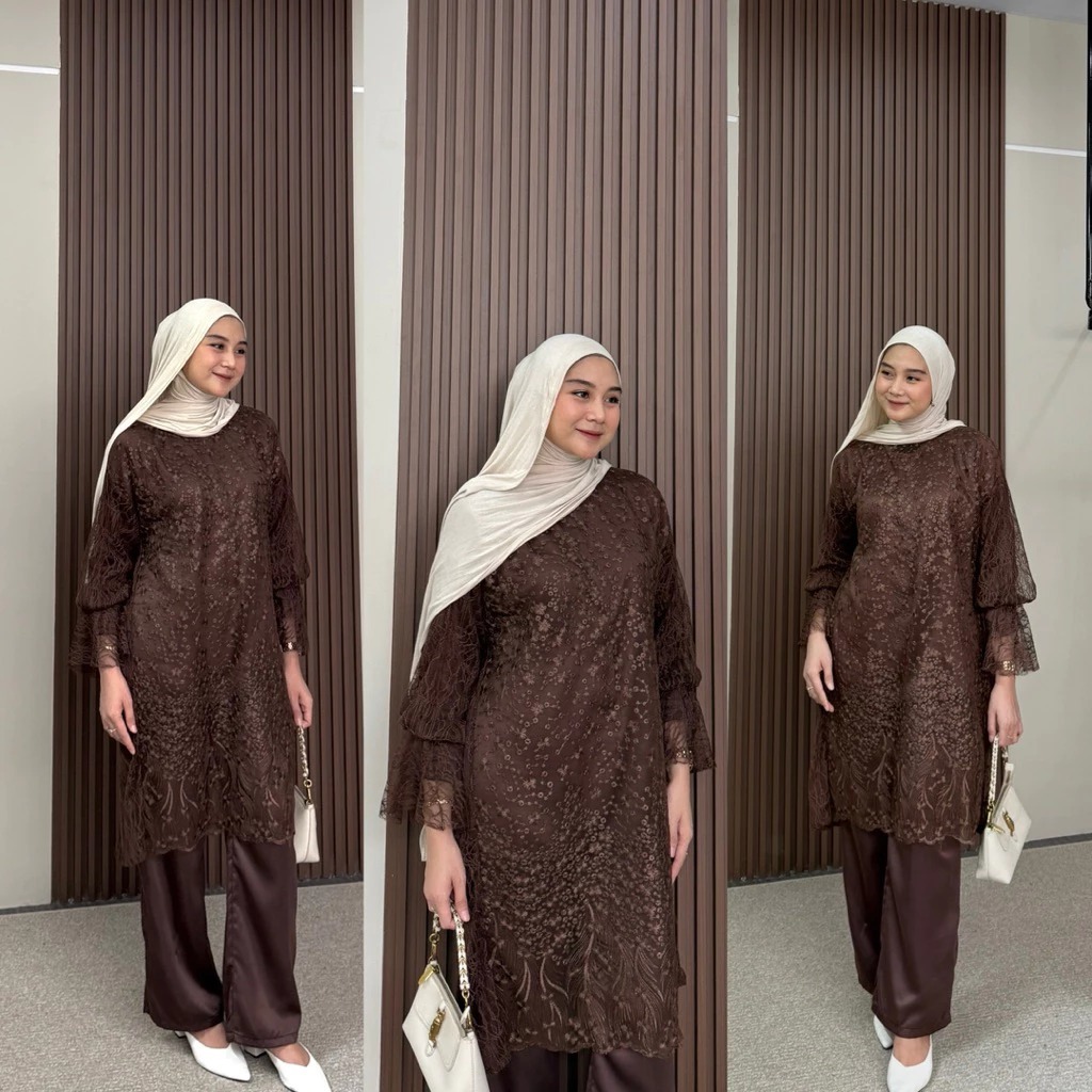 JULIA TUNIK WANITA BAHAN SATIN TULLE BRUKAT BORDIR MIX CHANTILY SETELAN CELANA KONDANGAN PESTA WISUD