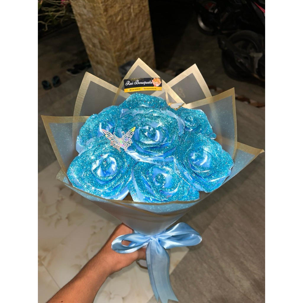 BUKET BUNGA PITA SATIN BIRU MUDA UK4cm