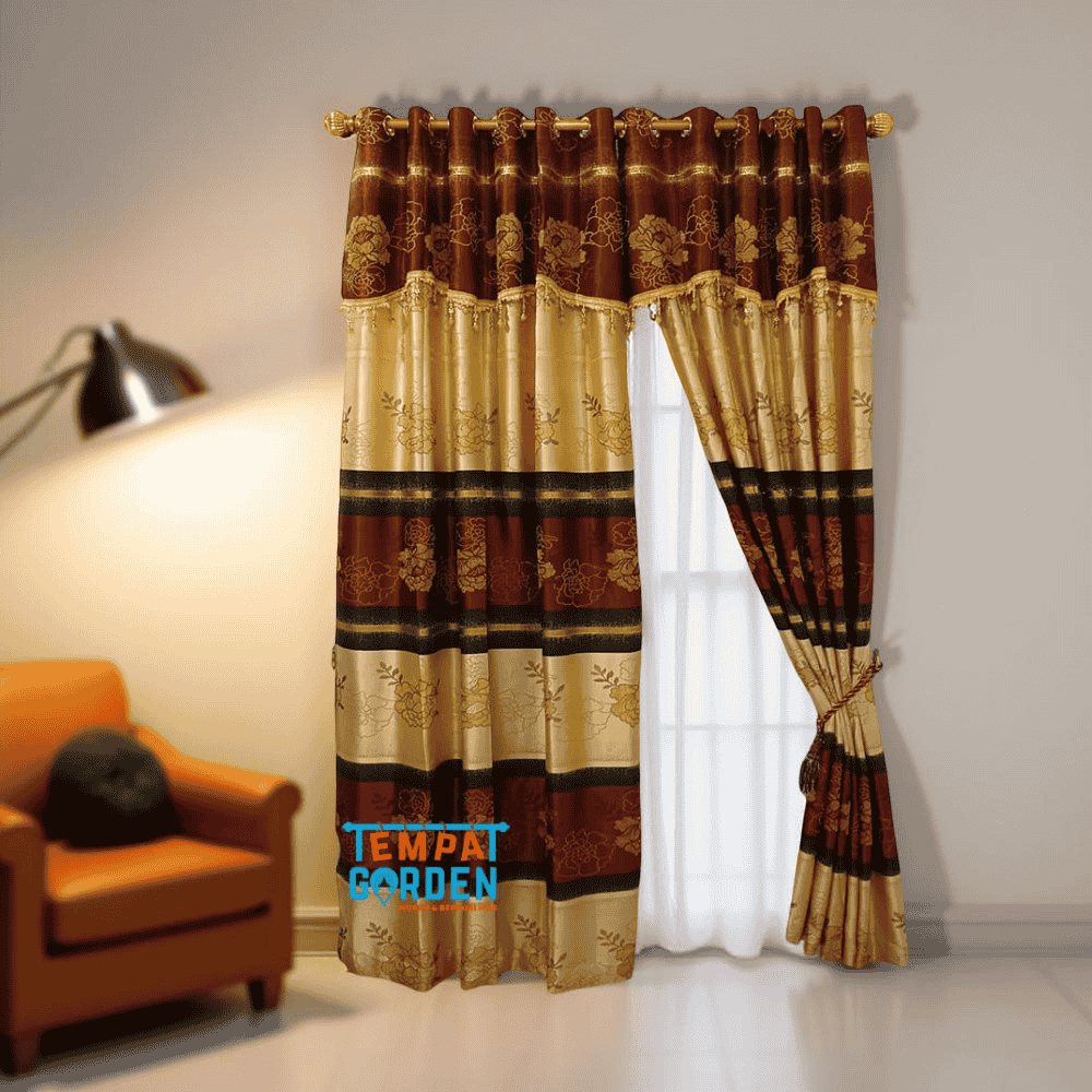 Gorden Prada Gorden Rumah untuk Jendela atau Pintu Motif Bunga Mawar Strip Gold