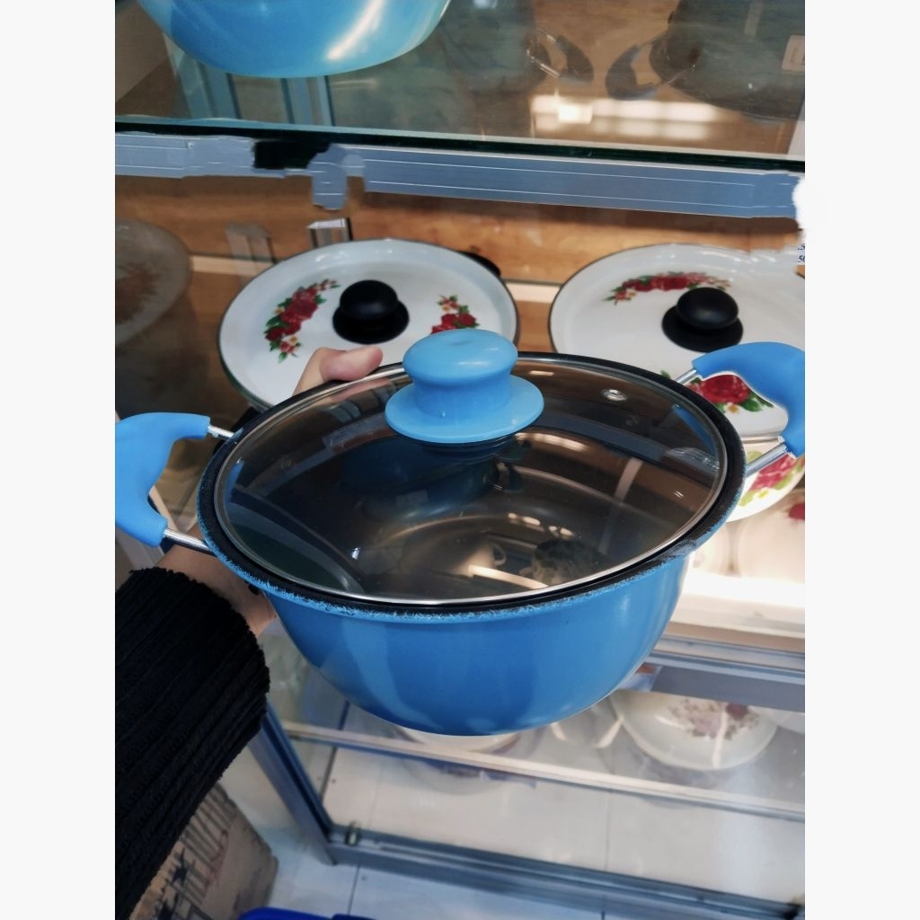 Panci Enamel Warna Anti Lengket Tutup Kaca / Panci Kuah Sup  20cm 22cm