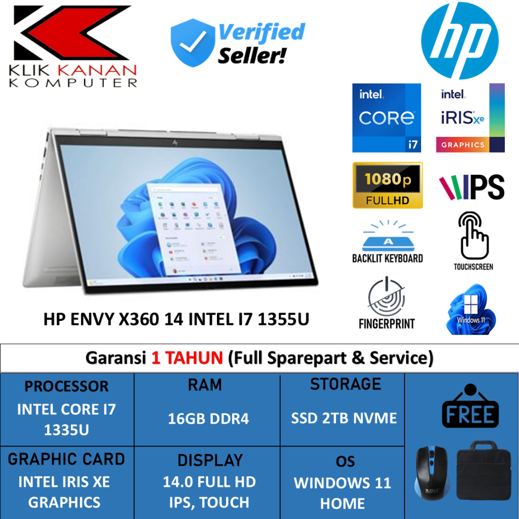Laptop Bisnis Hp Envy X360 14 Intel Core I7 1355U 16Gb 2Tb 14" Full Hd Ips Win 11 Silver