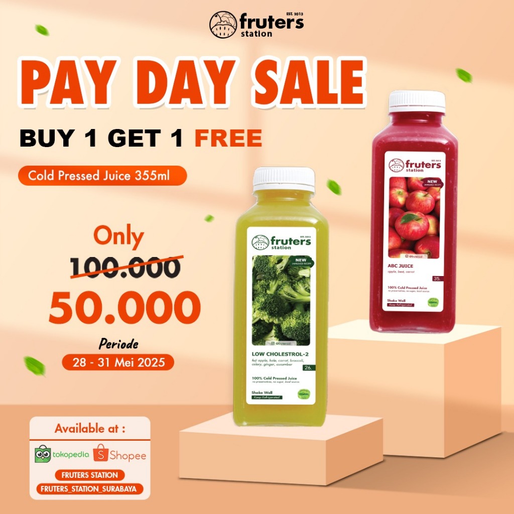 

Promo Buy 1 Get 1 Cold Pressed Juice 355 ml Fruters Station