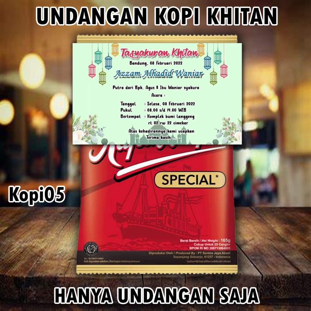 Undangan mini kopi 03 khitanan pernikahan ukuran 7.5 x 9 Cm bahan Karton BC