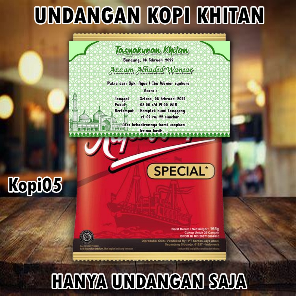 Undangan mini kopi 04 khitanan pernikahan ukuran 7.5 x 9 Cm bahan Karton BC
