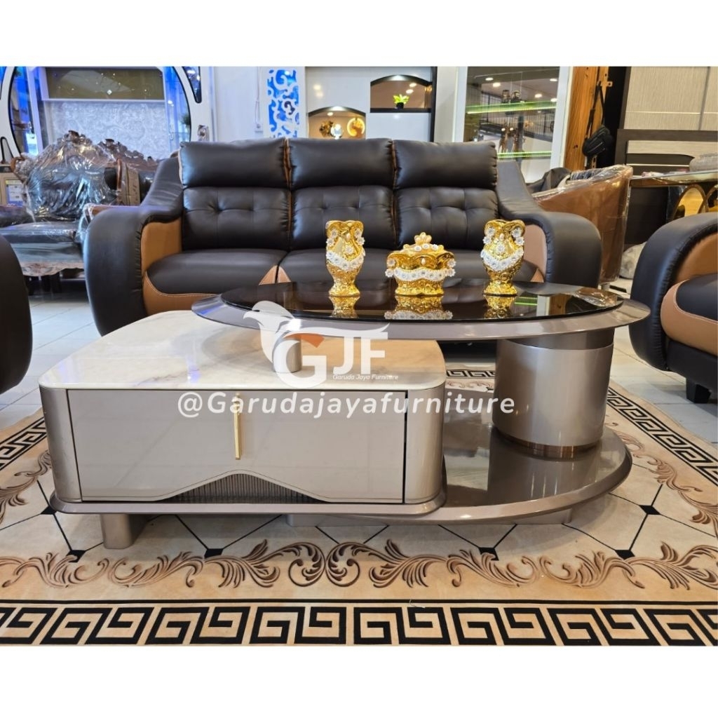 MEJA TAMU IMPORT MARMER MEWAH MODEL TERBARU UKURAN BESAR ADA LACI KACA TEMPERED GLASS / MEJA TAMU IM