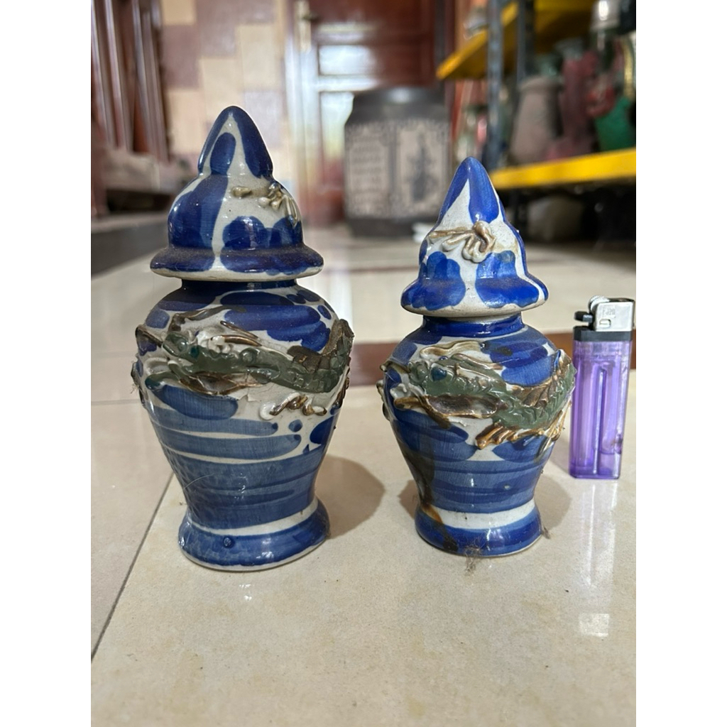 Keramik China Kuno Dinasty Vas Guci Biru Putih Naga