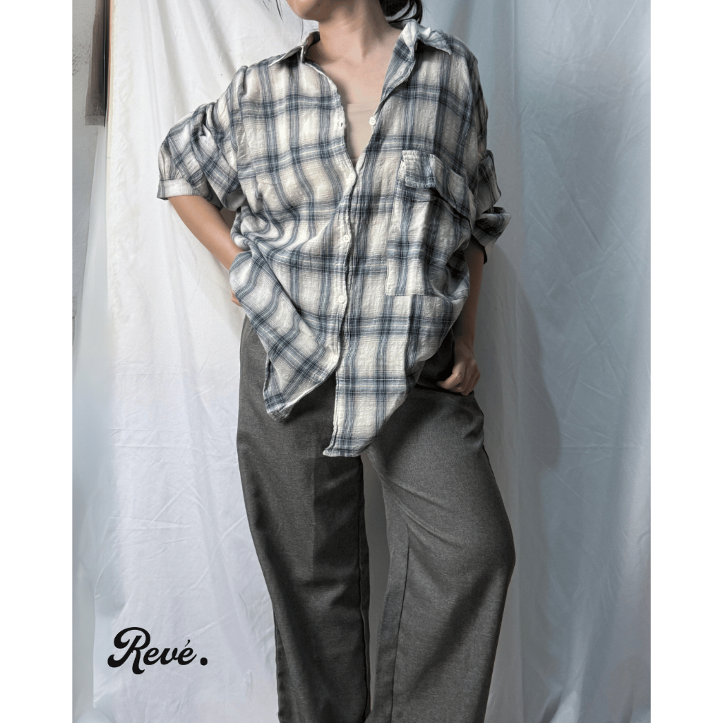 Kemeja lengan panjang gray kotak oversized/blouse/ outer /long outer/Korea Chinese style/pakian kerj