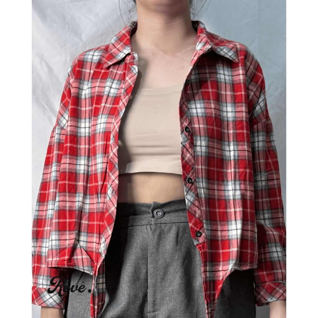 Kemeja crop lengan panjang red kotak gingham/blouse/ outer /long outer/Korea Chinese style/pakian ke