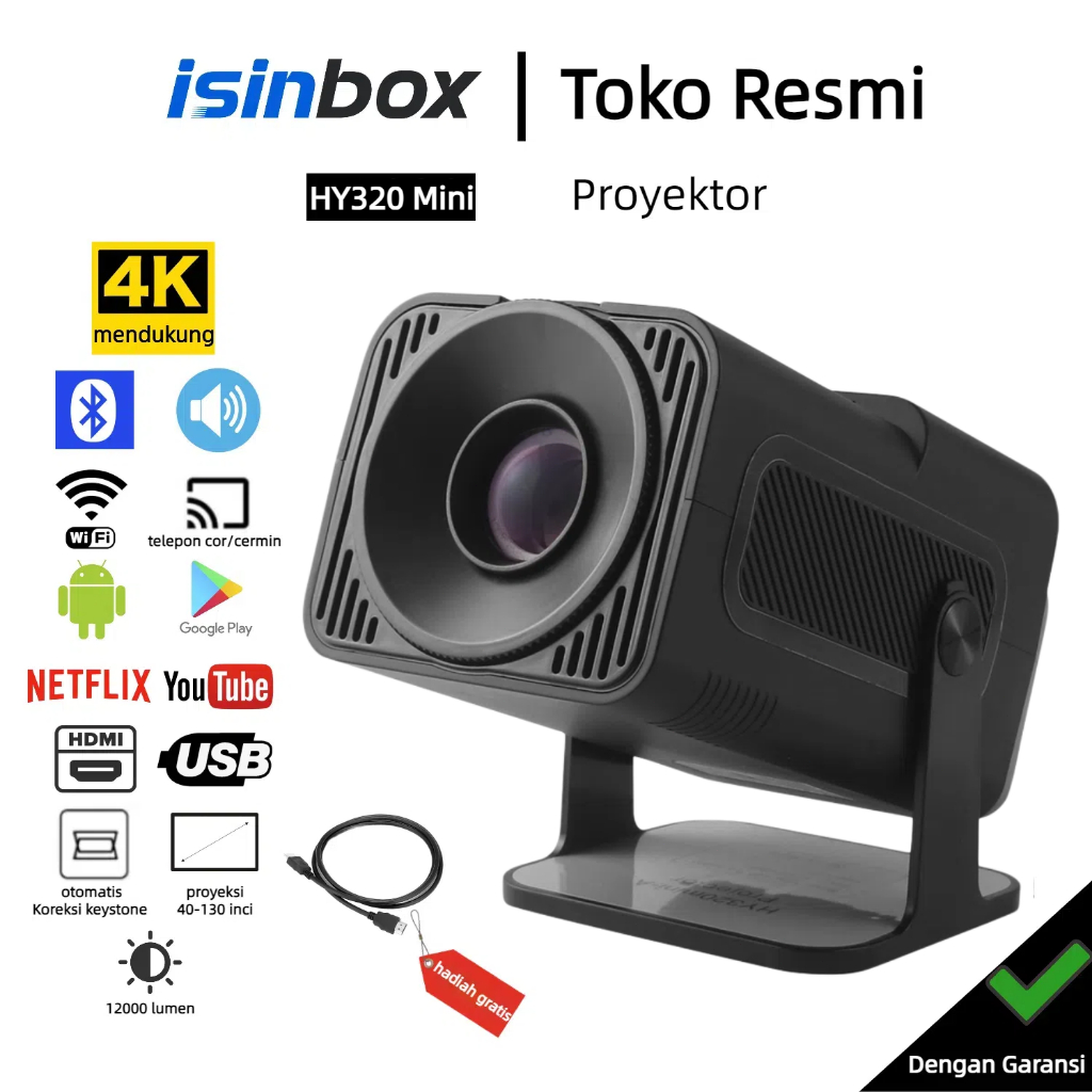 iSinbox HY320 Mini Proyektor Cerdas/LCD TV 12000 Lumens Wifi6 Bluetooth 5.0 Android 13 Koreksi