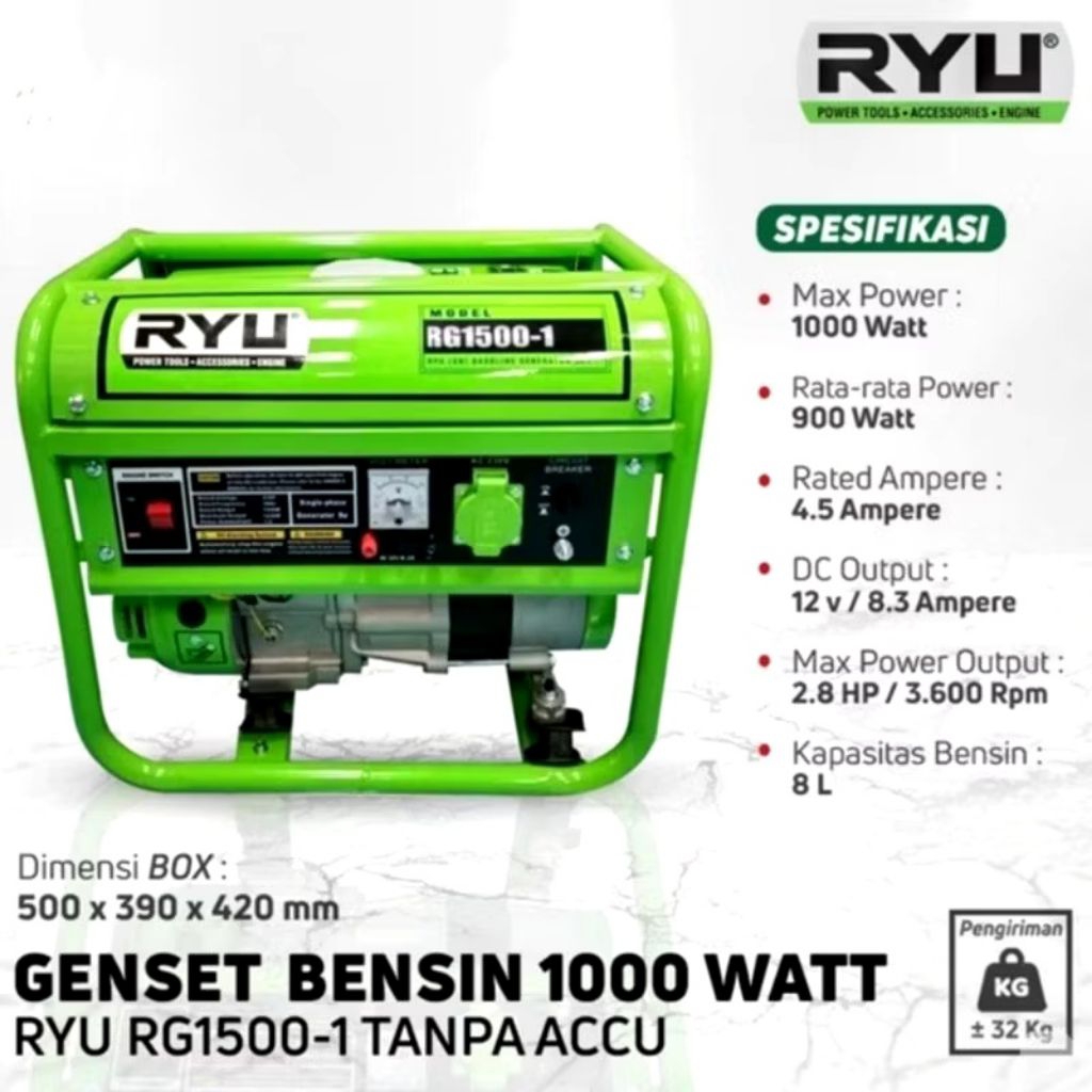 RYU Mesin Genset Bensin RG 1500-1 Gasoline Generator 1000 Watt