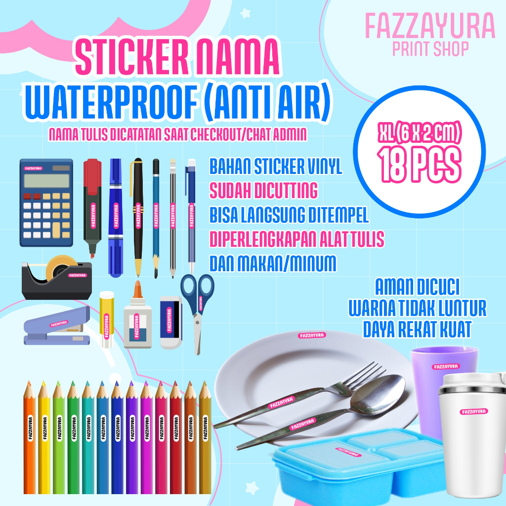 

[SIZE XL 6X2 CM = 18 PCS] STICKER KOSTUM NAMA BARANG PERLENGKAPAN SEKOLAH/ALAT TULIS/PERLENGKAPAN MAKAN ANAK MASUK PONDOK, ANTI AIR AMAN DICUCI, TIDAK LUNTUR DAYA REKAT KUAT