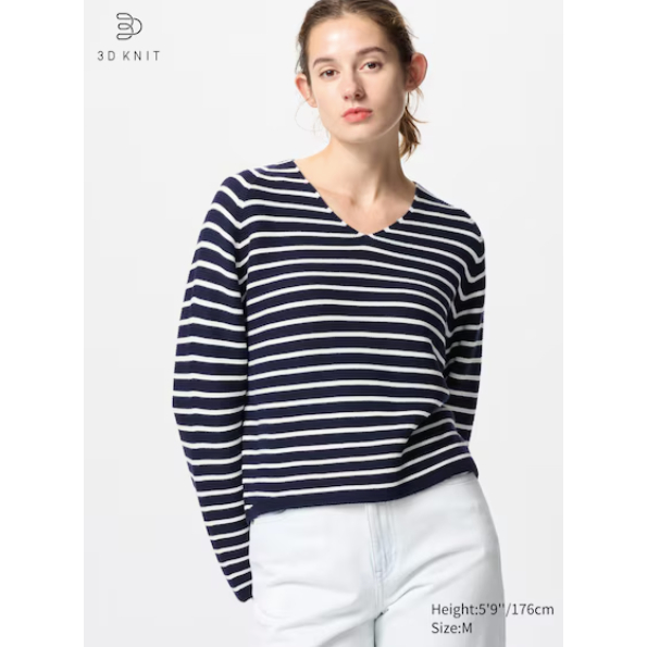 Uniqlo Sweater Rileks Katun Rajut 3D Kerah V Navy Bukan Thrift