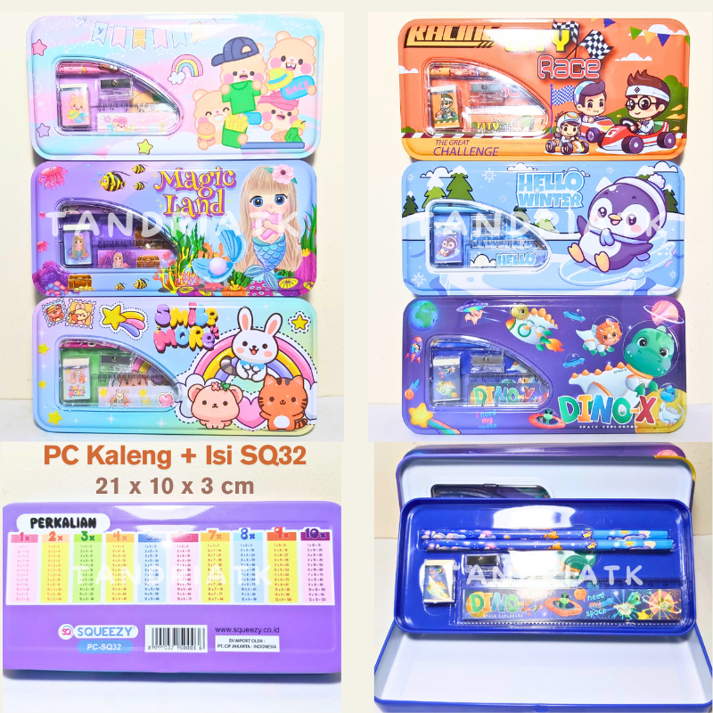 

Tempat Kotak Pensil Kaleng Study Set Isi Alat Tulis Motif Dino Penguin Mermaid Squeezy SQ 32