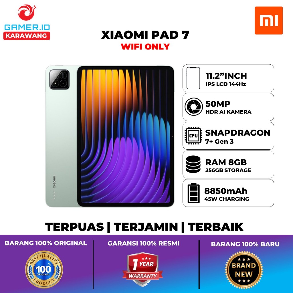 Tablet Xiaomi Pad 7 Ram 8GB Up to 16GB Memori 256GB Snapdragon 7+ Gen 3 Layar 11.2 Ips Lcd 144Hz