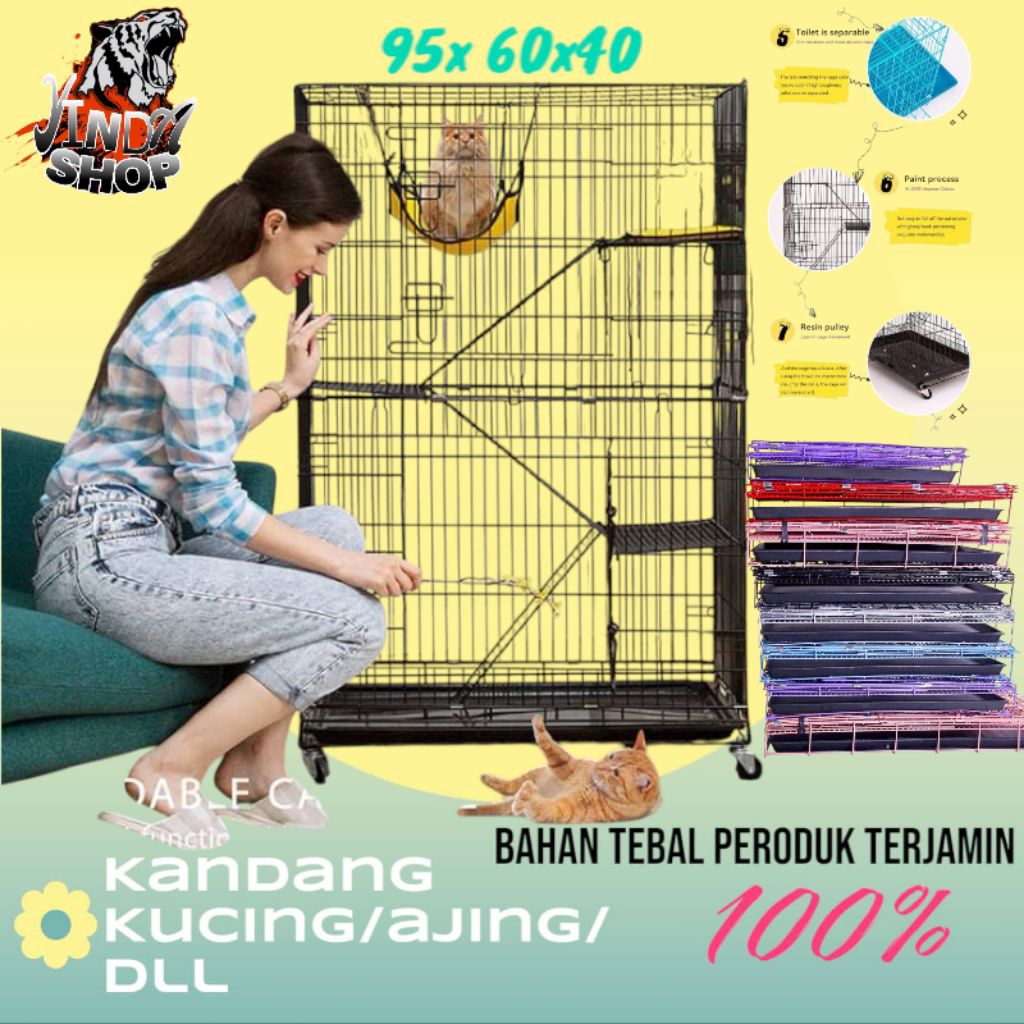 Besi lipat Rumah Hewan Kucing Tingkat 3 95x60x40