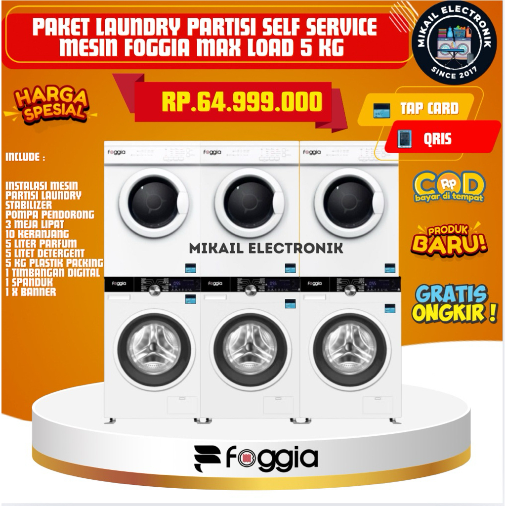 PAKET LAUNDRY SELF SERVICE  TAP CARD PARTISI 3 SET MESIN CUCI DAN PENGERING FOGGIA LENGKAP