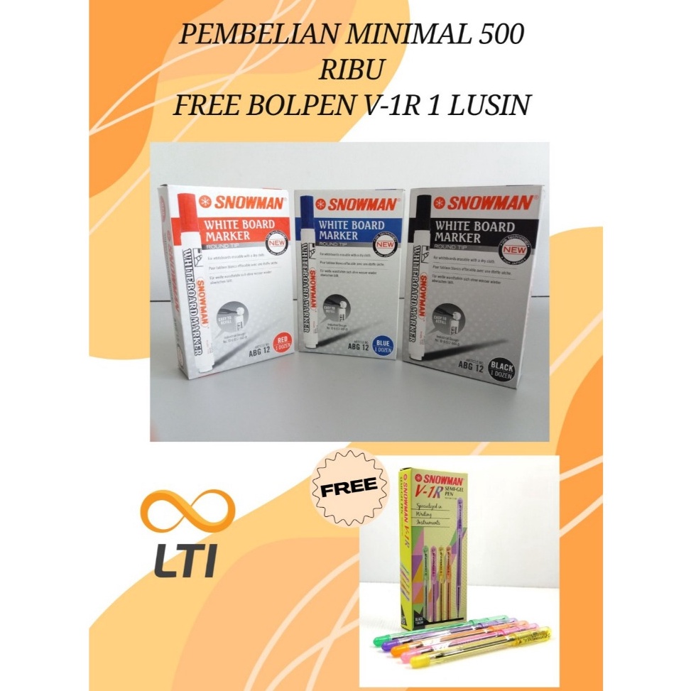 

Spidol Snowman Board marker ABG 12 Per Lusin 1 BOX 12 PCS Bisa campur warna HEMAT KODE I2F5