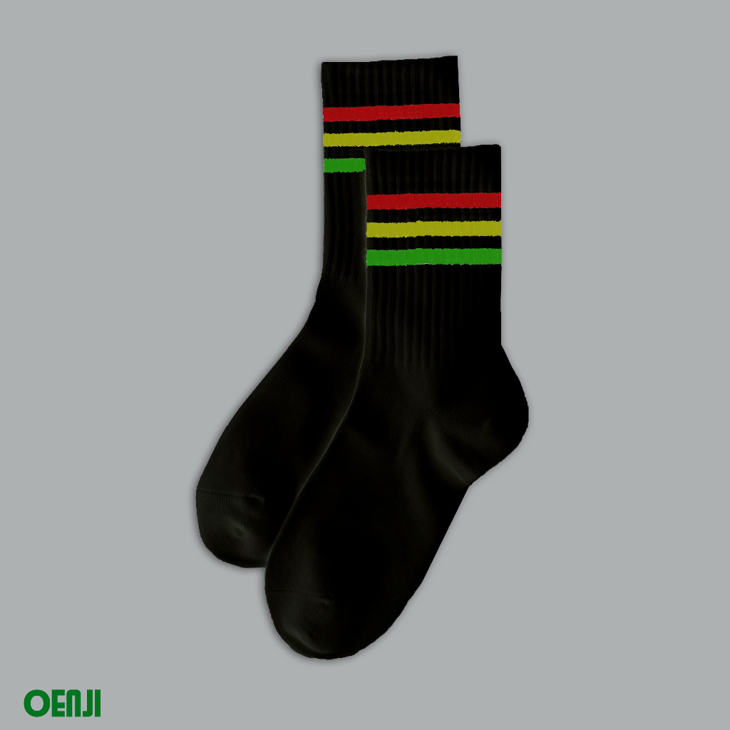 OENJI Kaos Kaki Oldschool Polos Garis Tiga Kaos Kaki Panjang Hitam Garis Merah Kuning Hijau