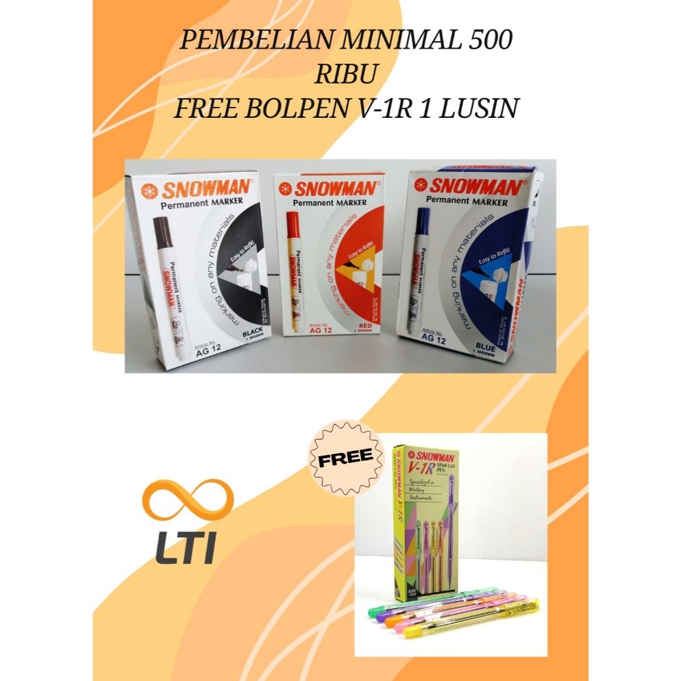 

KODE F64R Spidol Snowman Permanent Marker AG 12 Spidol Permanen Per Lusin BISA CAMPUR WARNA HEMAT