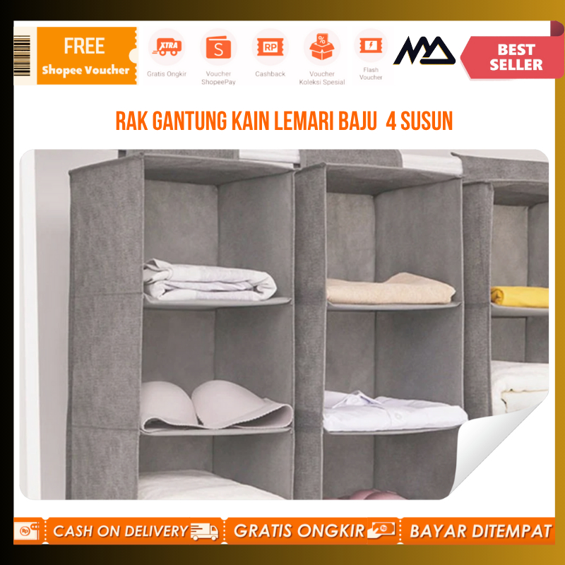 GMZY Rak Gantung Kain Lemari Baju Shelf Closet Wardrobe Storage Box 4 Susun/Rak penyimpanan gantung