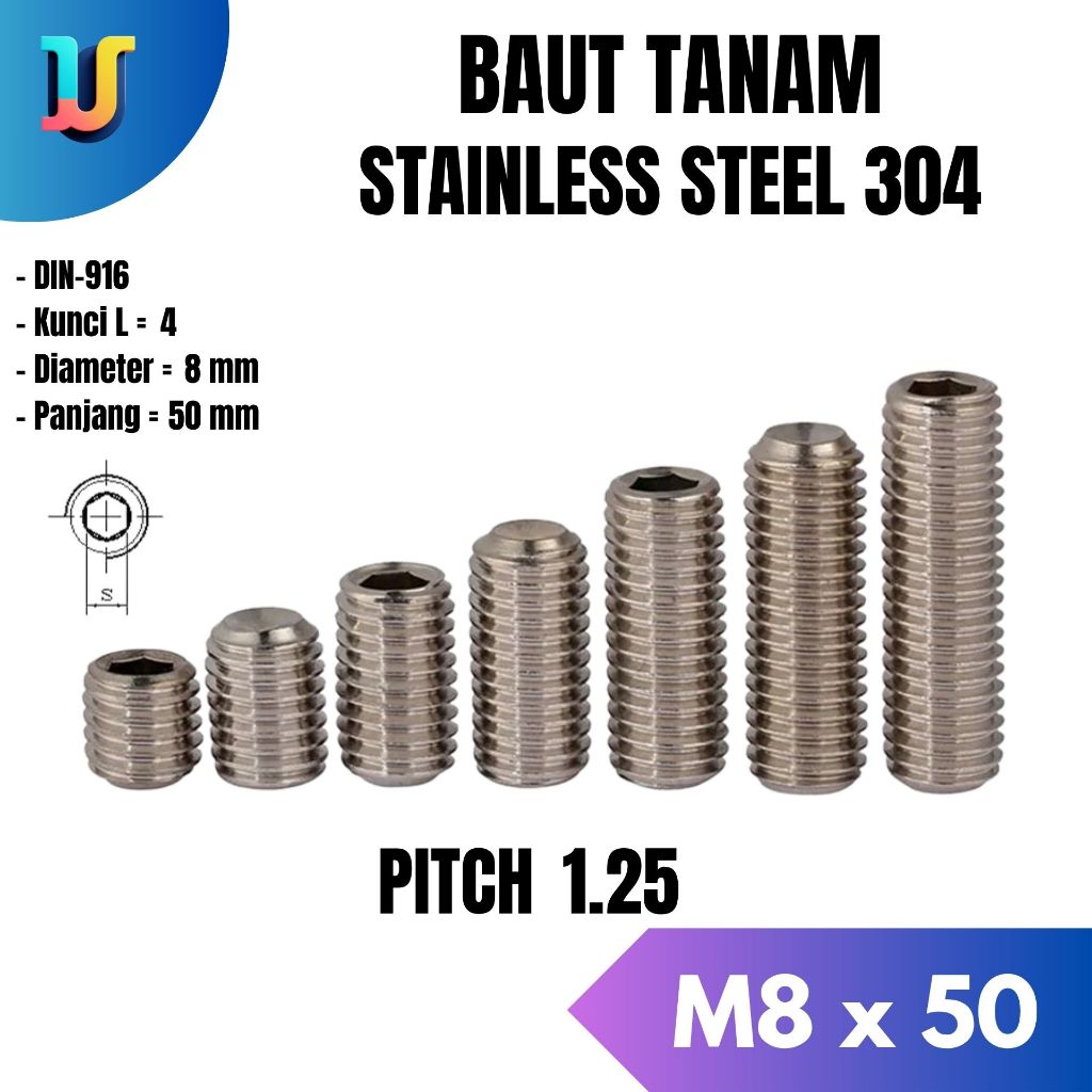 Baut Tanam L M8x50 Stainless / Baut Tanam L M8 x 50 SS304 / Hex Socket Set Screw M8x50 Allen Stainle