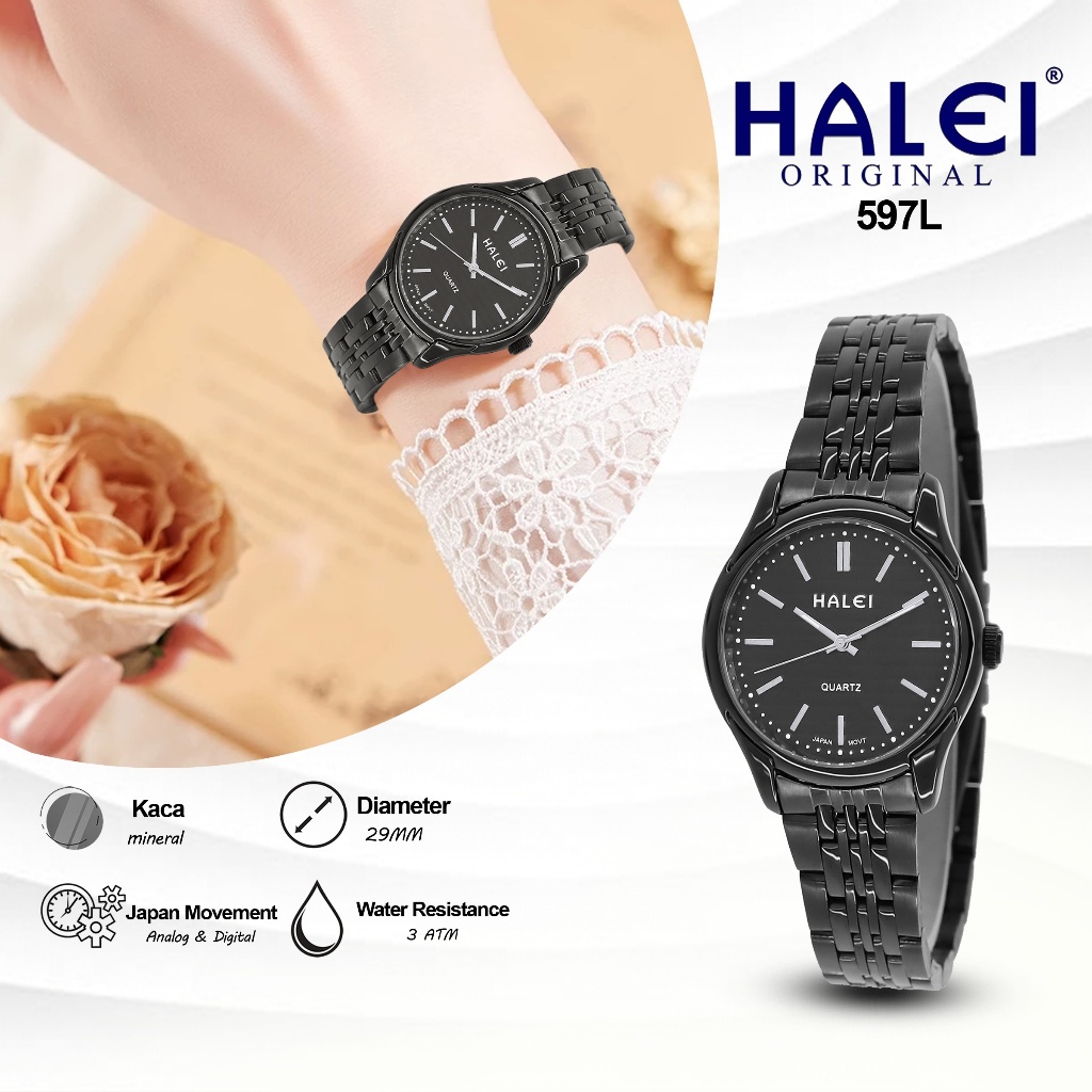 HALEI IND 597 L - Bergaransi Jam Tangan Cewek Original Tali Rantai Stainless Anti Air Japan Mov
