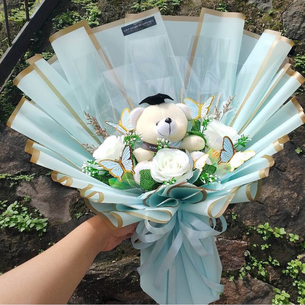 Buket Uang KOSONGAN dengan boneka wisuda dan bunga graduation bouquet murah bandung