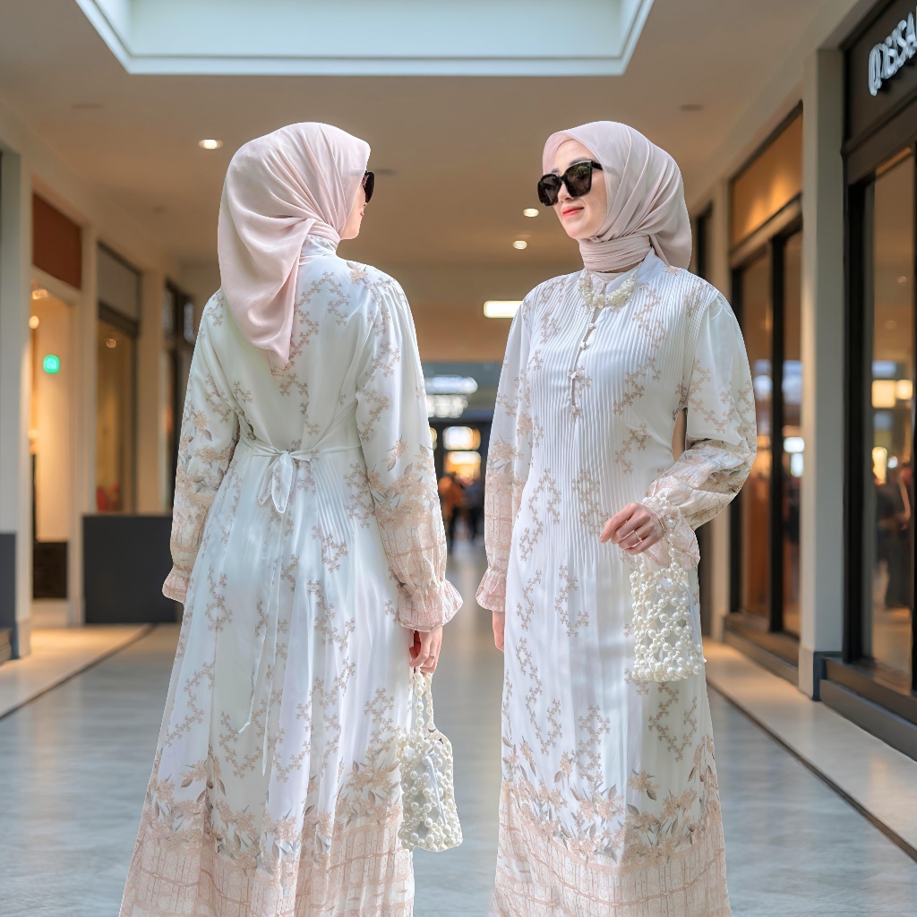 FANMU Long Tunik Plisket Wanita | Dress Tunik Muslim Motif Bunga - 1065