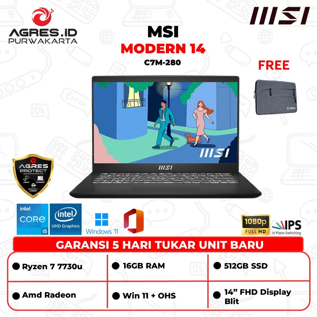 Msi Modern 14 Ryzen 7 7730 Ram 16GB Ssd 512GB Win 11+OHS 14" Fhd Ips Backlit