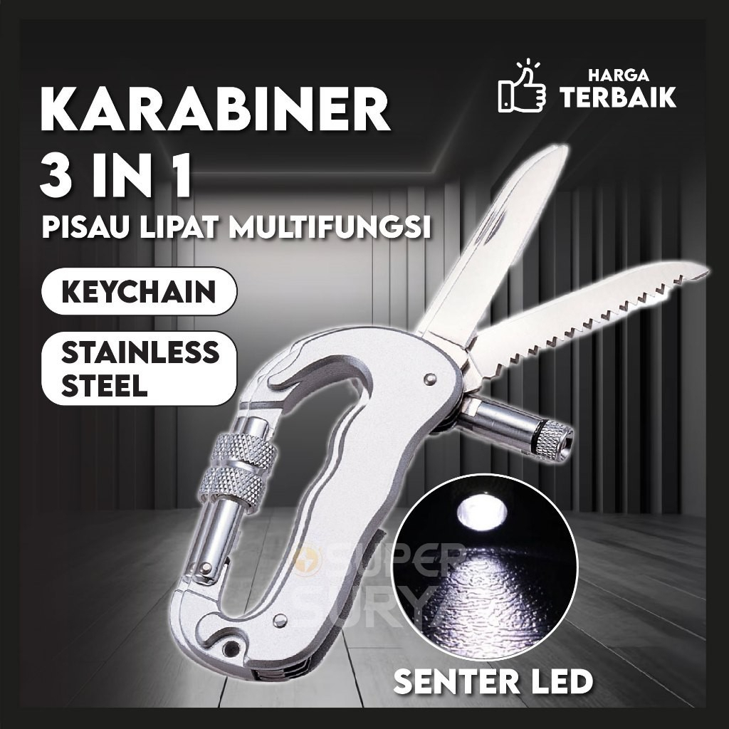 Karabiner Multifungsi 3in1 Gantungan Kunci Senter Carabiner Pisau Dapur / Carabiner Pisau