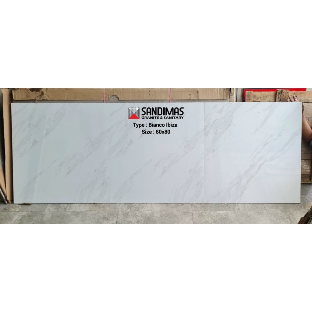 GRANIT MURAH 80X80 SANDIMAS BIANCO IBIZA PREMIUM GLAZED POLISH PACKAGING EUROGRESS