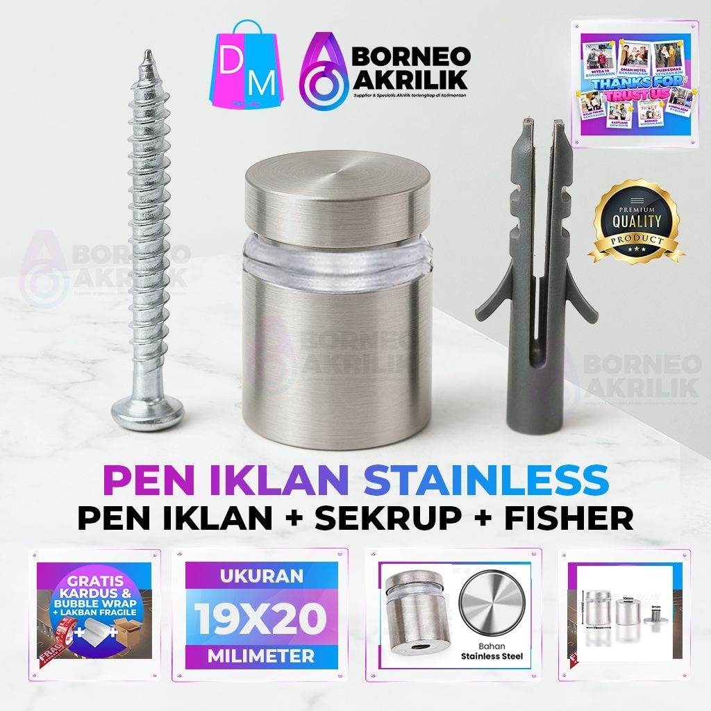 Pen Iklan Stainless Baut Akrilik Kaca Sign Board 19x20mm FISER VISER Baut Pen Dinding Wall Sign Sekr