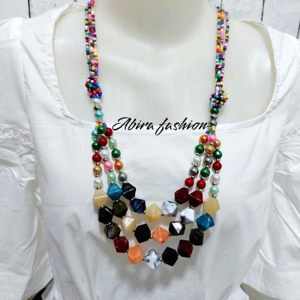 Kalung Etnik Wanita Panjang 3 layer Kekinian Fashion Hijab