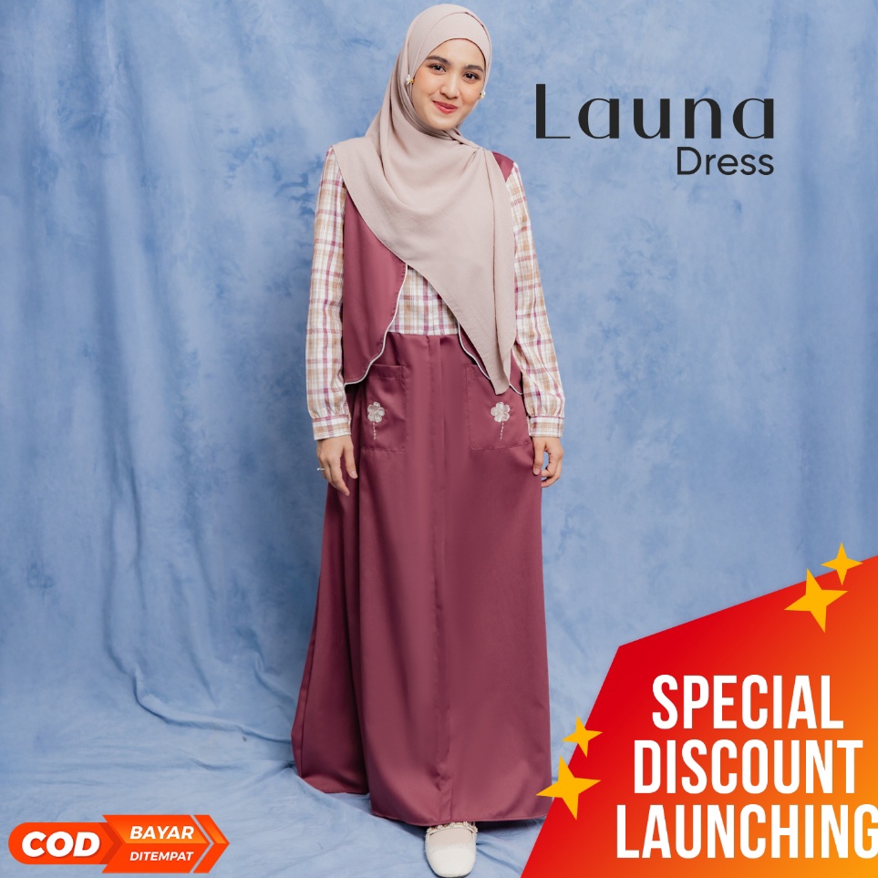 KODE B12Z JILBRAVE Launa Dress Gamis Feminine Raya Lebaran Set Vest Kombinasi Motif Kotak Plaid