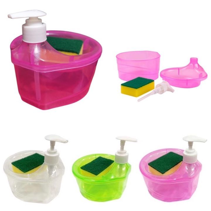 Dispenser Sabun Bulat 1000ml + Spons Cuci Piring (2in1) tempat Sabun cuci piring Cair Botol Soap Pum
