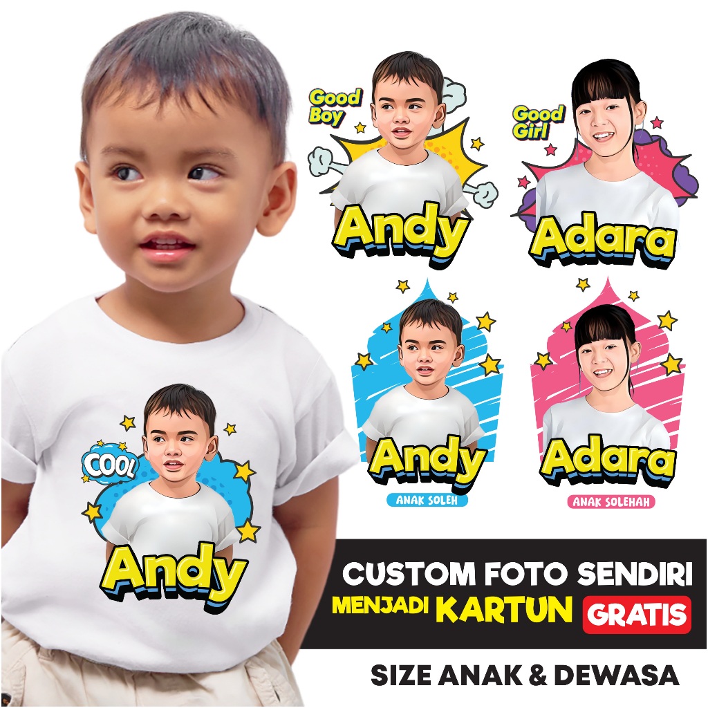 Kaos anak custom foto dan nama kartun karikatur