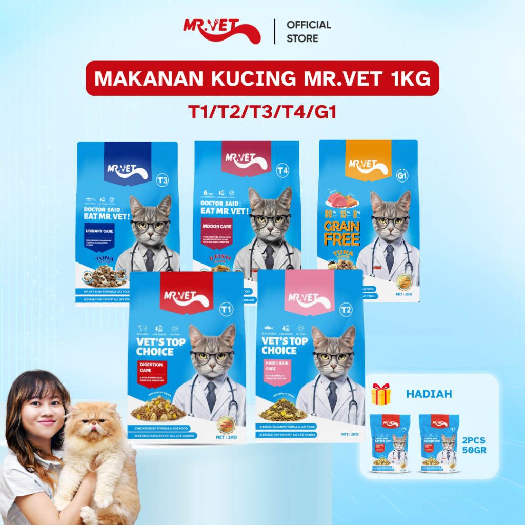 

23bagusmenshop - Mr. Vet Makanan Kucing Kering 1Kg Varian Digestion Hair Skin Urinary Indoor Grain