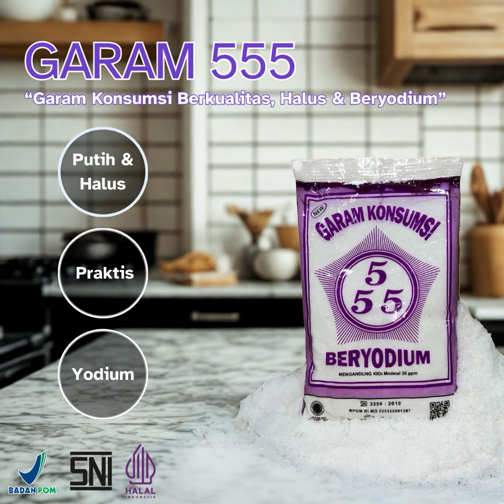 

Garam 555 Beriodium 250 gr | Tersertifikasi Halal, SNI, BPOM | Garam Putih, Halus, Berkualitas