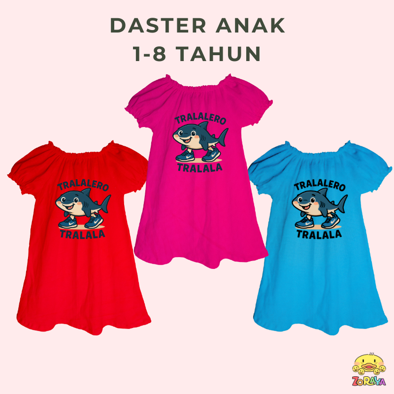 Dress Anak Tralalero Tralala 1 - 8 Tahun Model Lengan / Daster Zoraya Perempuan Anomali Viral Kartun