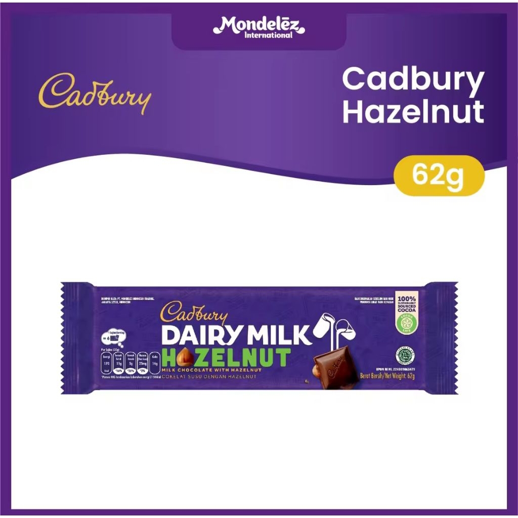 

Cadbury Dairy Milk Hazelnut 62GR – Cokelat Lumer Isi Kacang Hazelnut | Coklat Premium BPOM & Halal