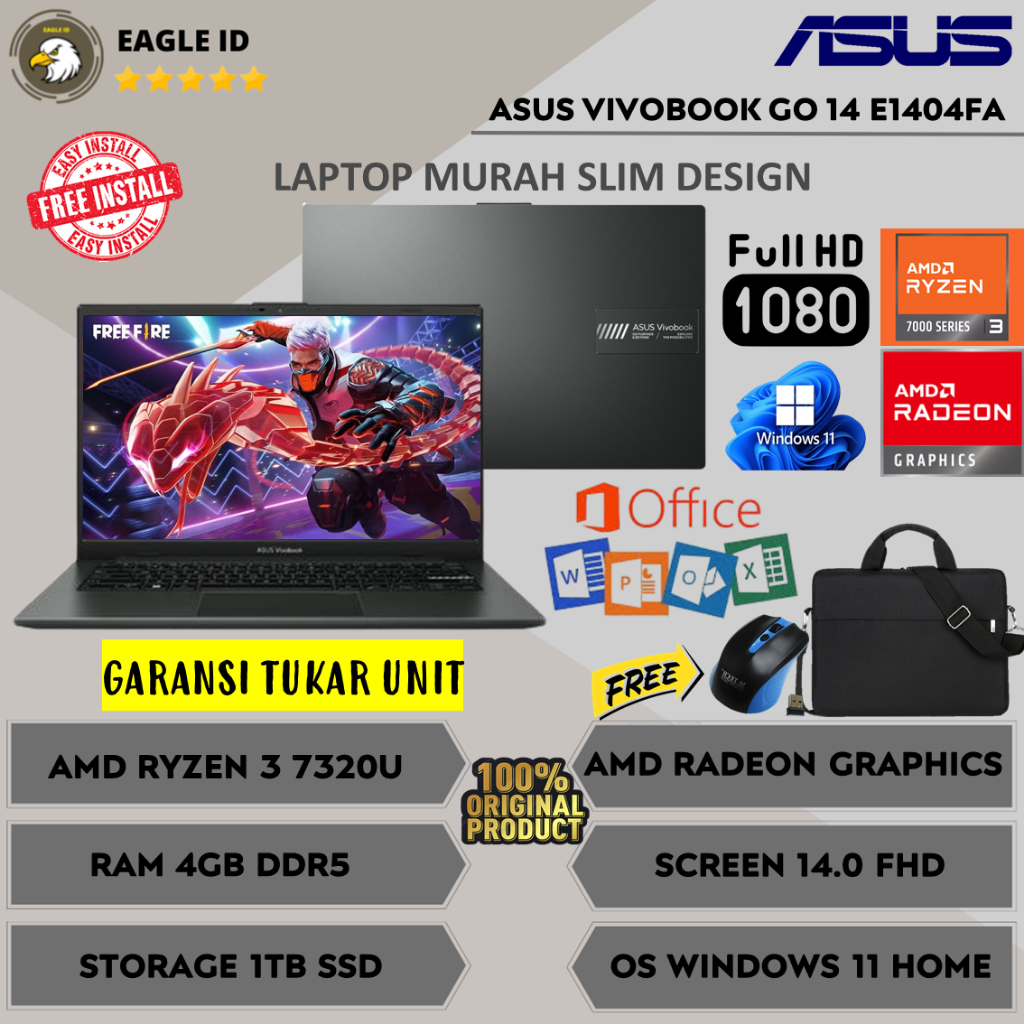 Laptop Gaming Baru Asus Vivobook Go 14 E1404FA AMD Ryzen 3 7320u Ram 4GB DDR5 1TB SSD 14 Inch Fhd Wi