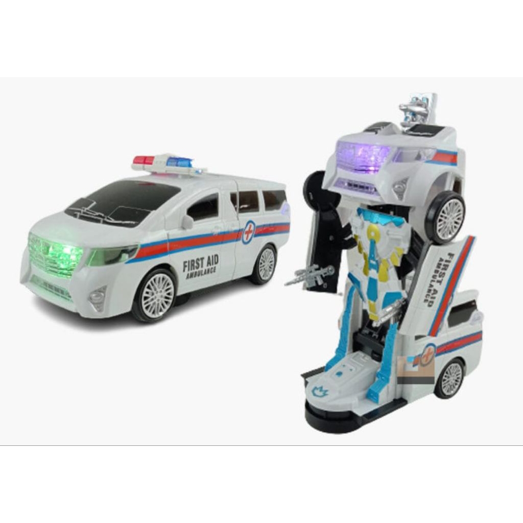 Mainan Anak Robot Bisa Jalan 064 / Ambulance Car toys Berbunyi Musik / Mobil Mainan 2 IN 1 / Robot M